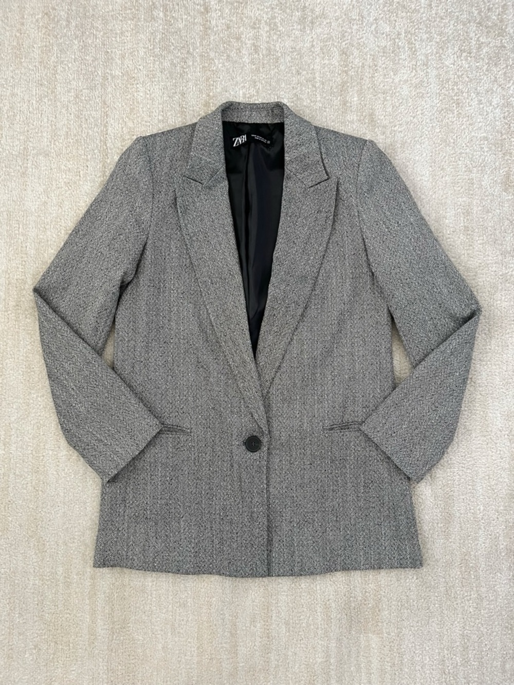 Zara Herringbone Long Blazer Jacket XS